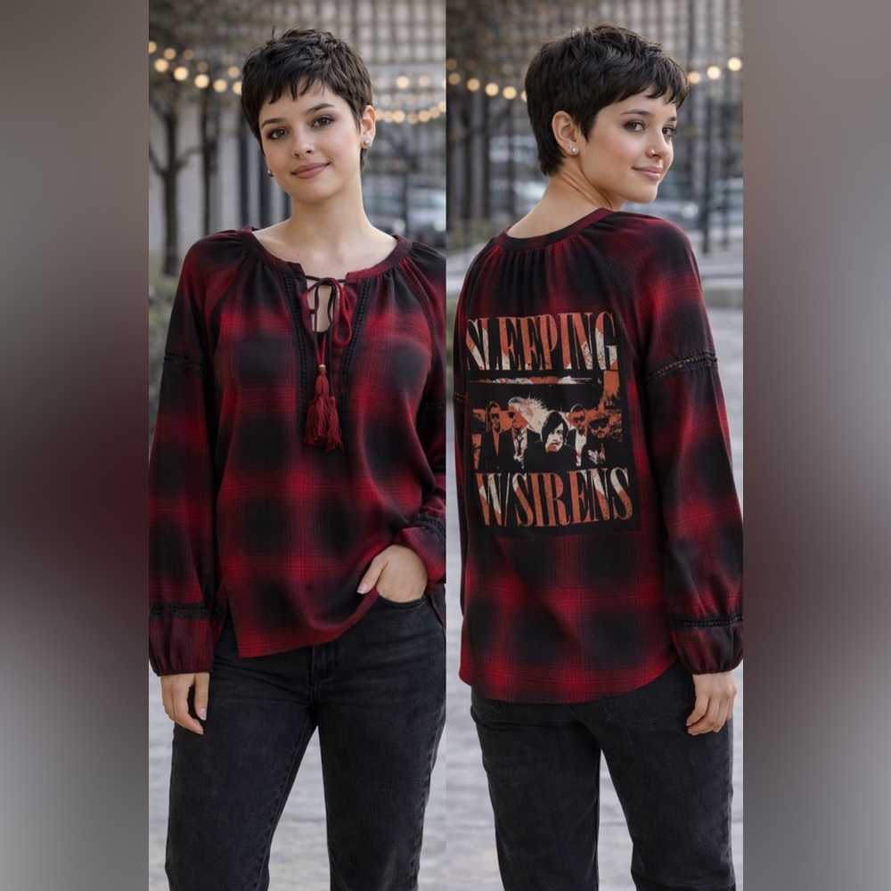 Custom Upcycled SLEEPING WITH SIRENS Graphic Tee Knox Rose Peasant Top Size M